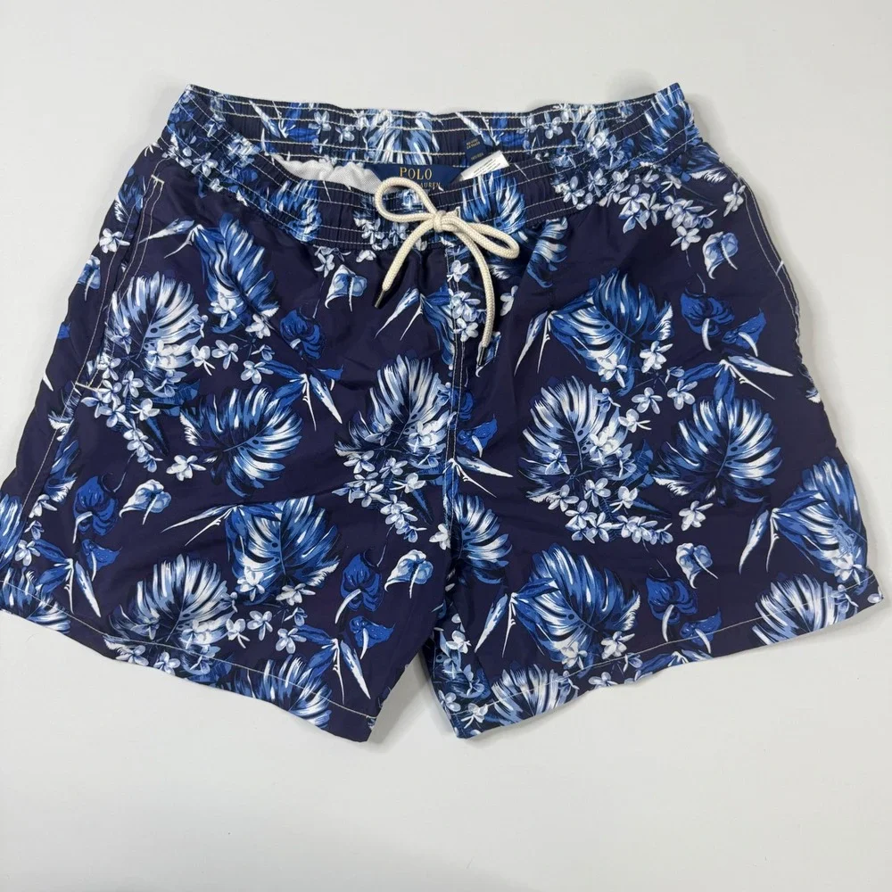 Polo Ralph Lauren Swim Trunks Mens Large Navy Blue Tropical Floral Drawstring‎